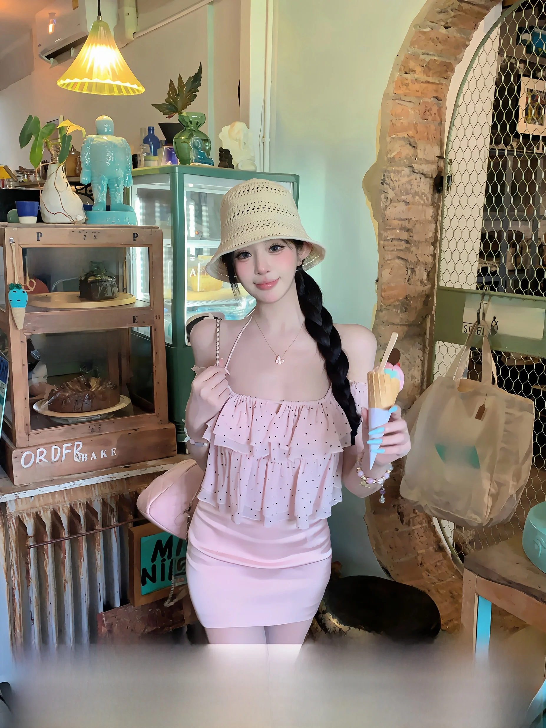 

Spring Early Season Swan Dot Pattern Women's Outfit Set Hanging Neck Strap Top Half-length Skirt Sexy Style Regular Fit