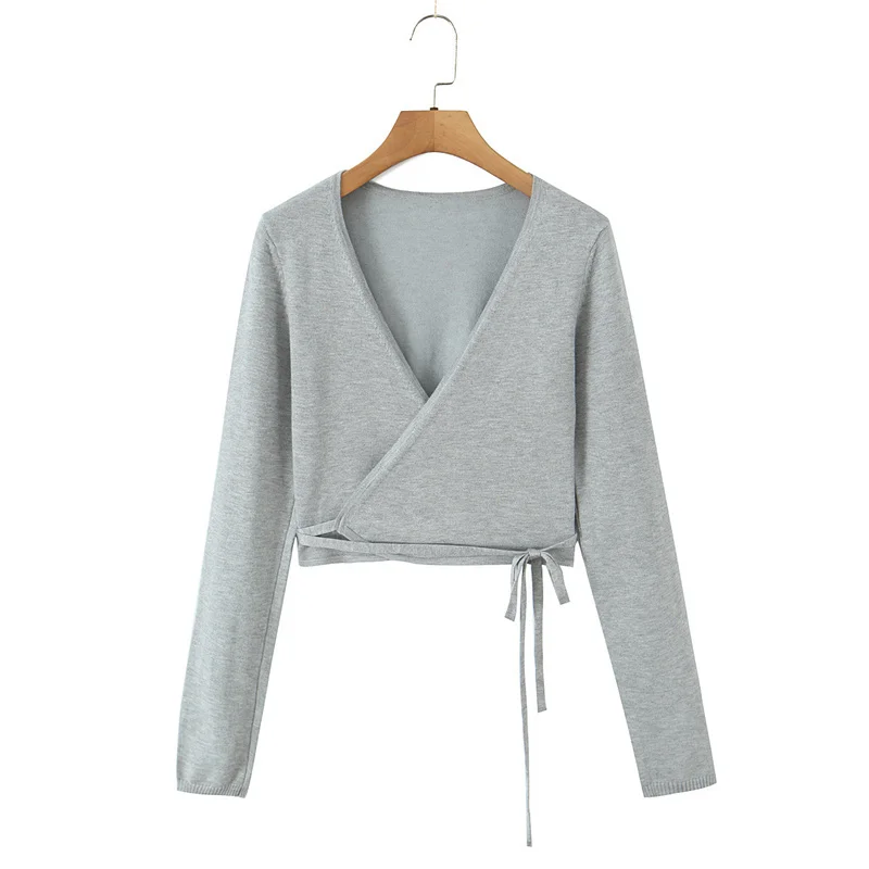 

Maxdutti Minimalist Grey Color V-Neck Wrap Sweater Long Sleeve Lace Up Women's Sweater Knitwear Woman Clothing Tops