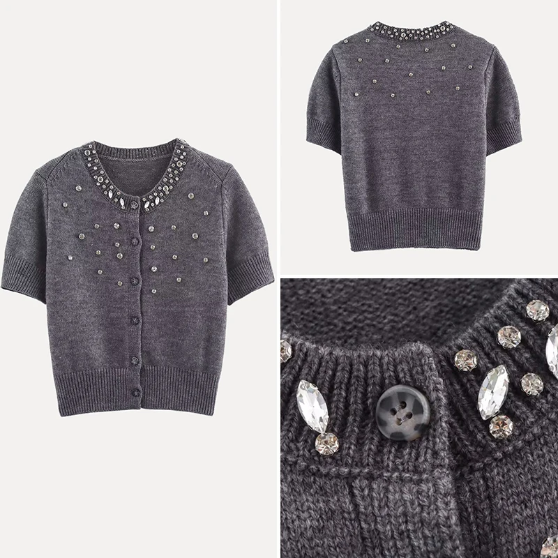 

Summer 2025 Women's Knitted ort Sve Cardigan Jewelry Embellied Ribbed Design Commute Sle Slim Fit Polyester Fiber