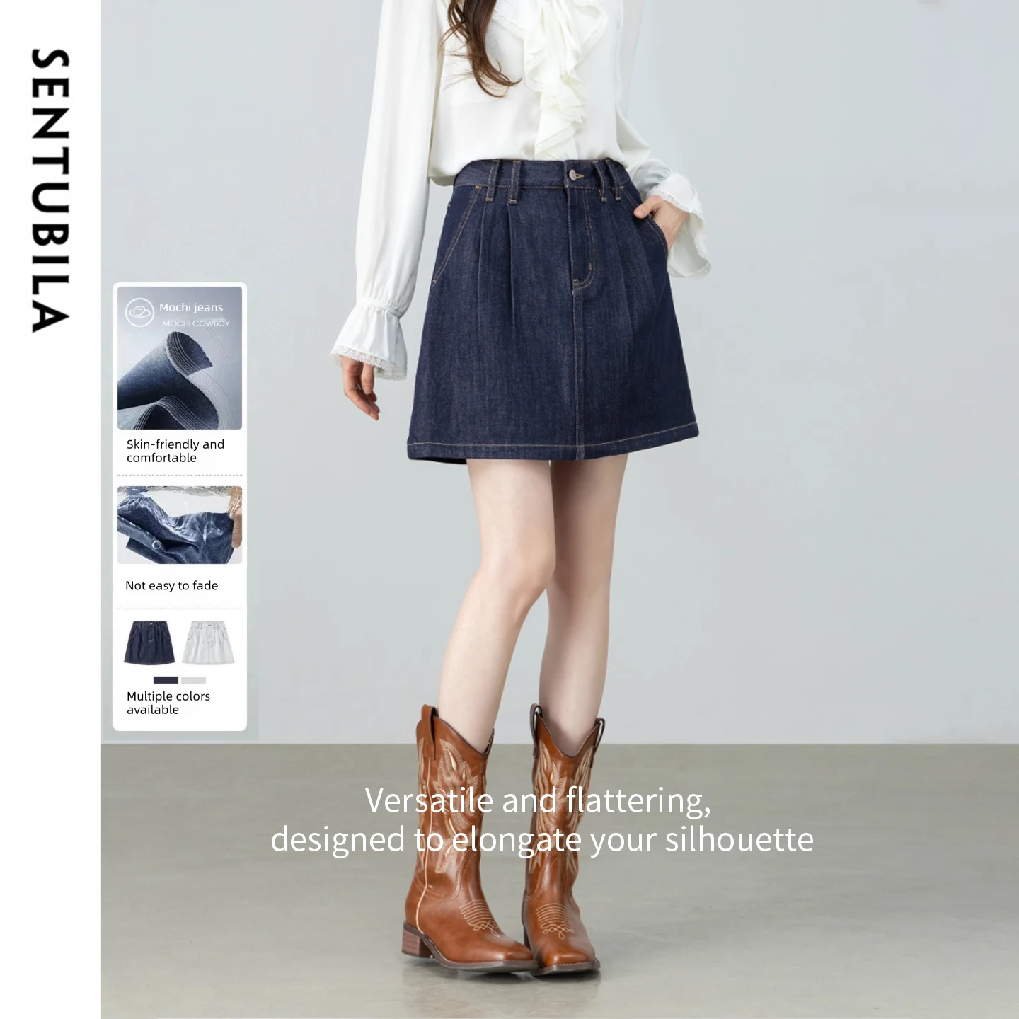 

SENTUBILA Women's Mini Denim Skirt 2026 Lyocell High Waist Contrast Stitching A Line Short Skirt Spring Woman Clothes W61QD6294