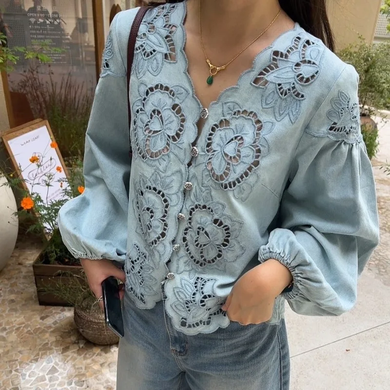 

Autumn Spring 2026 Korean Fashion Blue Embroidery V Neck Long Lantern Sleeve Shirt Buttons Blouse Female Outwear tops (x31012