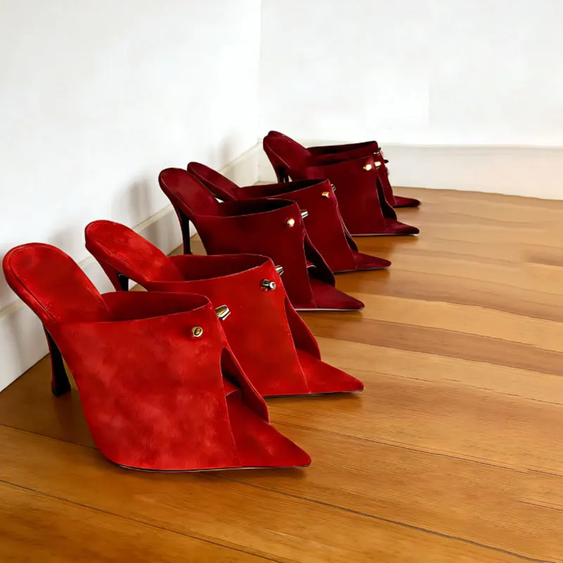 

Европейские и американские летние женские туфли на высоком каблуке из замши с острым носком и вырезом «рыбий рот» в французском стиле, модные подиумные туфли