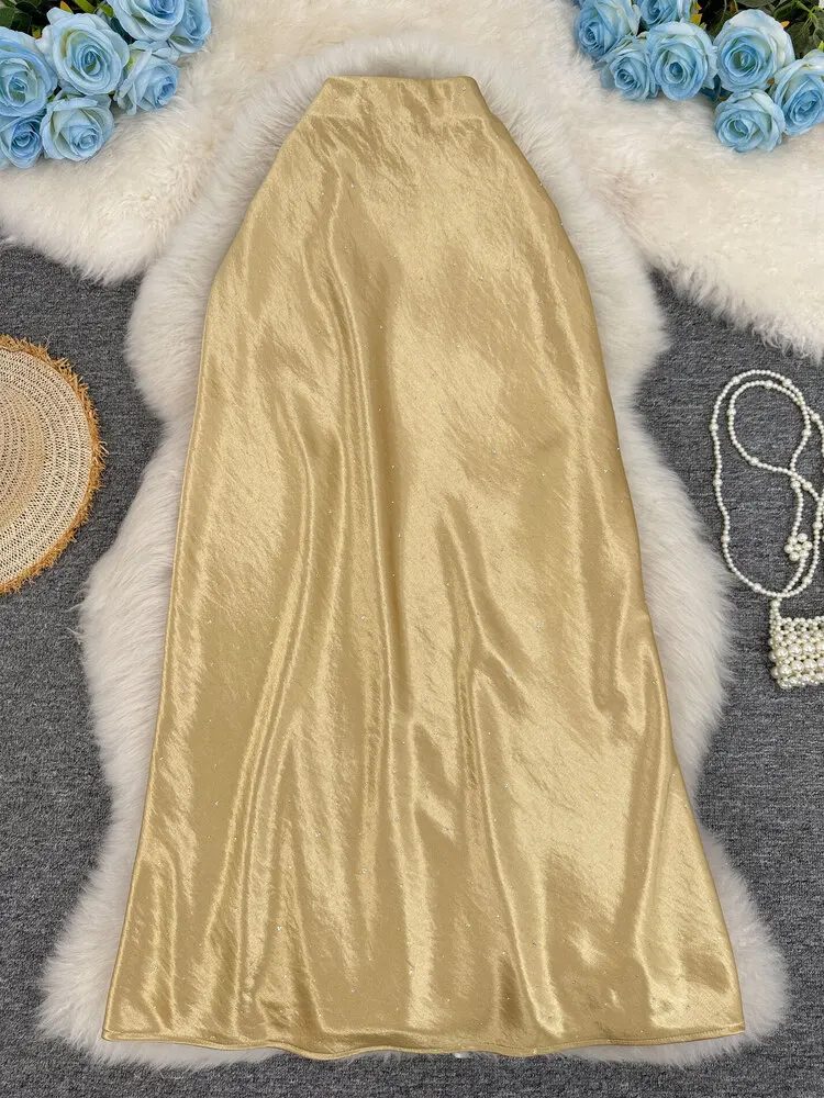 

Новая летняя однотонная атласная юбка-русалка 2026 года с шелковыми стразами, универсальная, стройнящая, из шелка