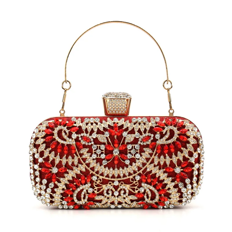 Red Color Hollow Out Fashion Clutch Luxury Diamonds Floral Evening Bags Party Wedding Bridal Handbags Purse