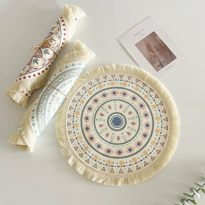 Bohemian Cotton Round Placemat Heat-Resistant Anti-Scald Table Mat with Tassels for Home Kitchen Cup Coaster