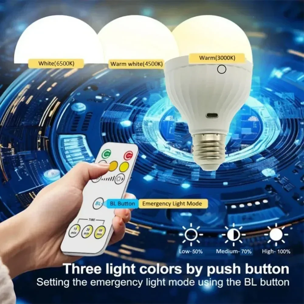 E27 LED Light Bulb USB C Rechargeable Emergency Lamp Remote Control 3 Lighting Modes For Home Power Outage And Outdoor Camping