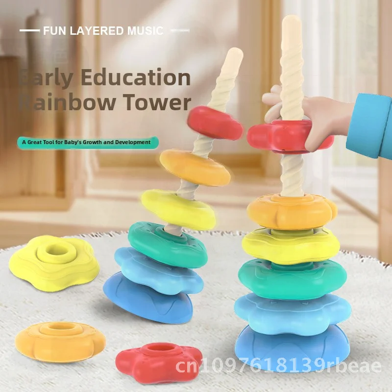 Educational Rainbow Rotating Tower Stacking Toy with Music for Babies 1-2 Years Old Early Learning Color & Shape Development
