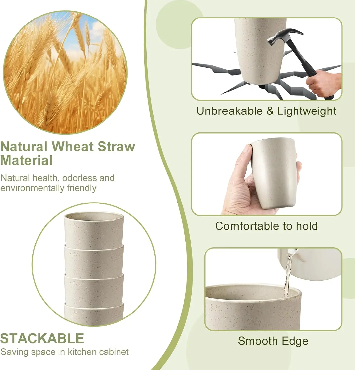 Tarwestrobekers, 8 stuks onbreekbare drinkbeker, 12 oz plastic bekers herbruikbaar, onbreekbare tarwestrobeker, plastic herbruikbare bekers voor