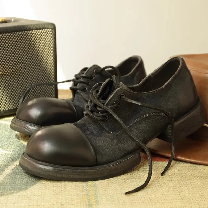 

Мужская мотоциклетная обувь ручной работы в американском стиле с круглым носком в стиле ретро, на толстой подошве из натуральной кожи, кожаные туфли с большим носком, мужские дерби