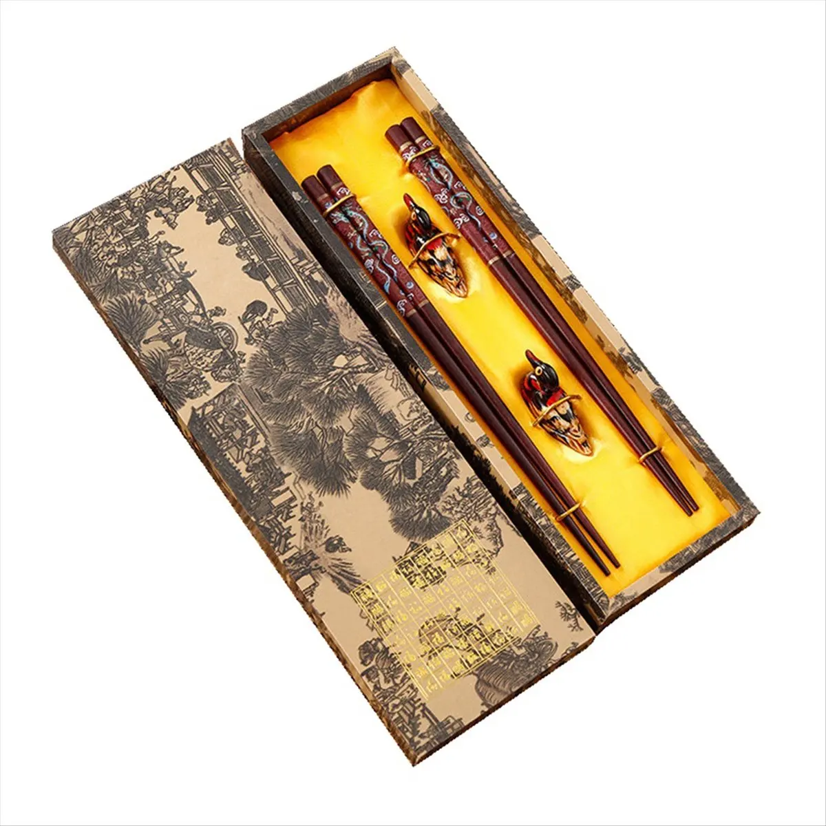 BHBL 2 Pairs Chopstick Reusable Chinese Chopsticks with Holder, Chinese Traditional Stylish Gift,B