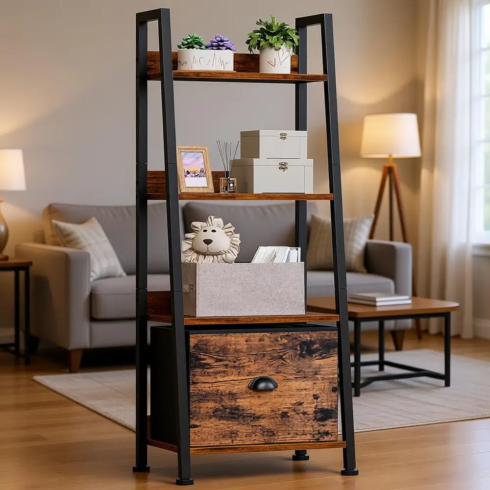

4-Tier Rustic Ladder Bookshelf, Removable Shelves, Wood Metal Storage Rack for Living Room, Home Office, Bedroom, Kitchen