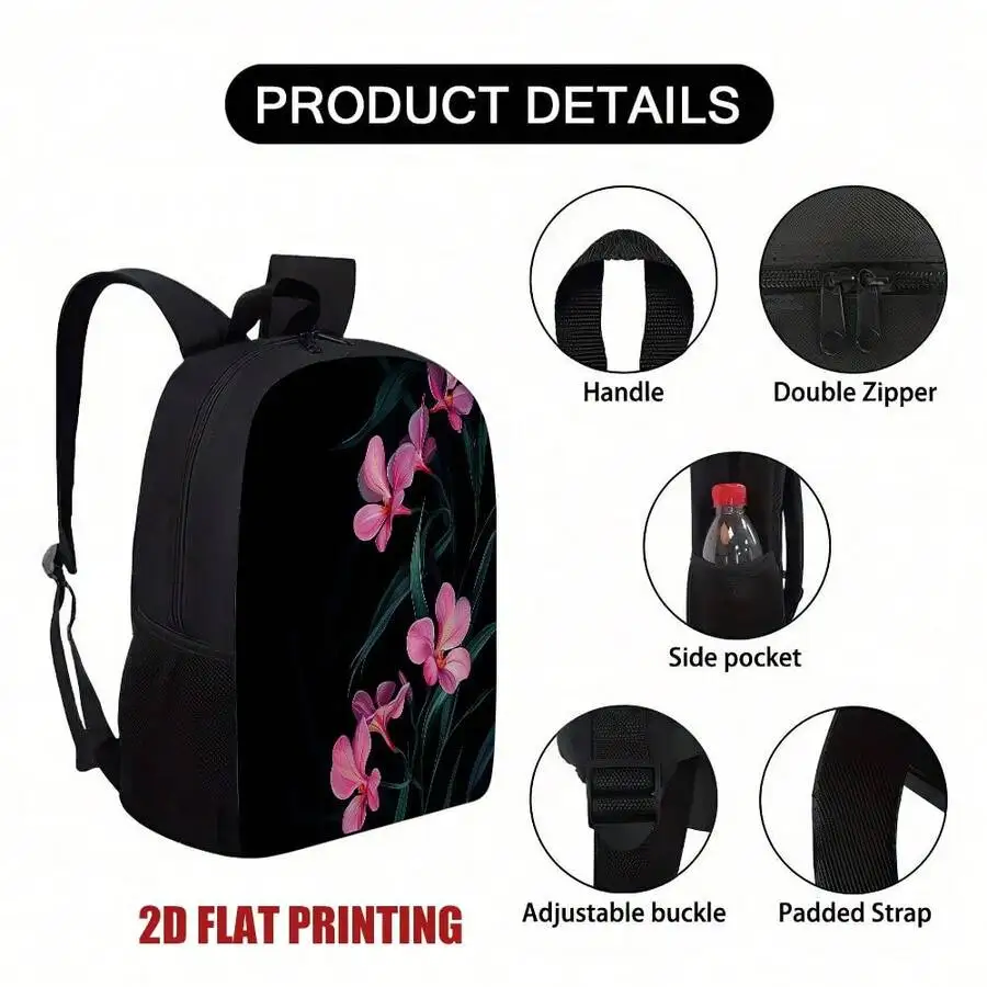 

Elegant Black Floral Print Backpack For Women - Lightweight Casual Daypack With Adjustable Straps And Double Zipper