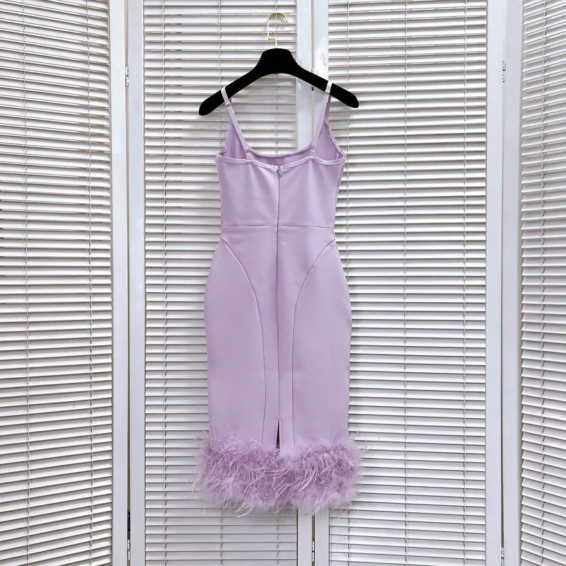 [zoci] Huo Light Purple Bandage Sling Feather Style Casual Wedding Party Evening Dress C2#1125