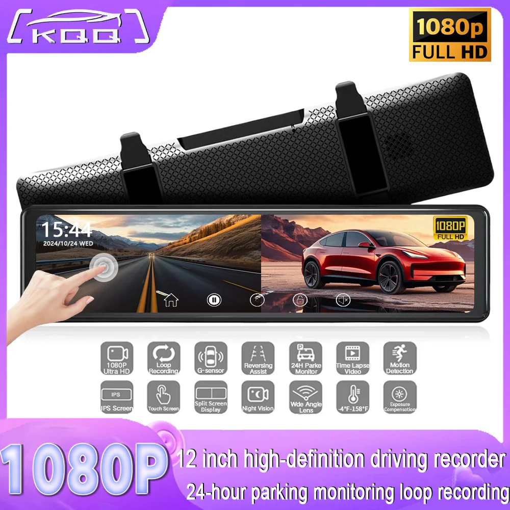 12'' Dashcam Touch Screen Stream Media Camera with 1080p Front and Rear Dual Lens support Split Screen 24H Parking Monitor DVR