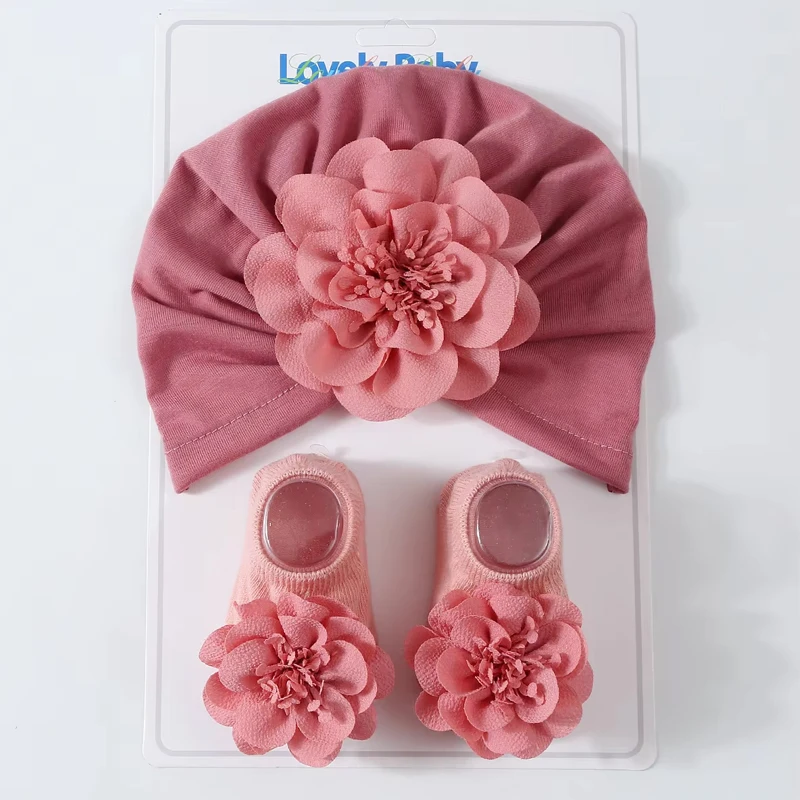 

2 шт., детский тюрбан с цветком, комплект носков, кружевная индийская шапка с цветочным принтом для новорожденных, хлопковые детские носки-лодочки, детские головные уборы, аксессуары для волос