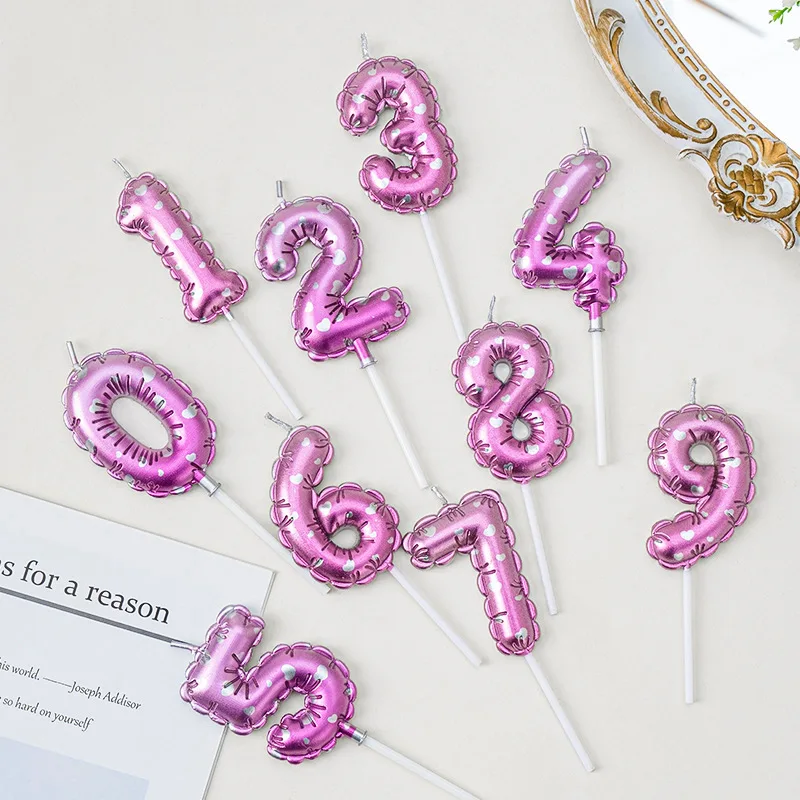 Pink Love Balloon Birthday Candles Birthday Cake Top Cover Number 0-9 Digital Candles Wedding Cake Party Decoration Accessories