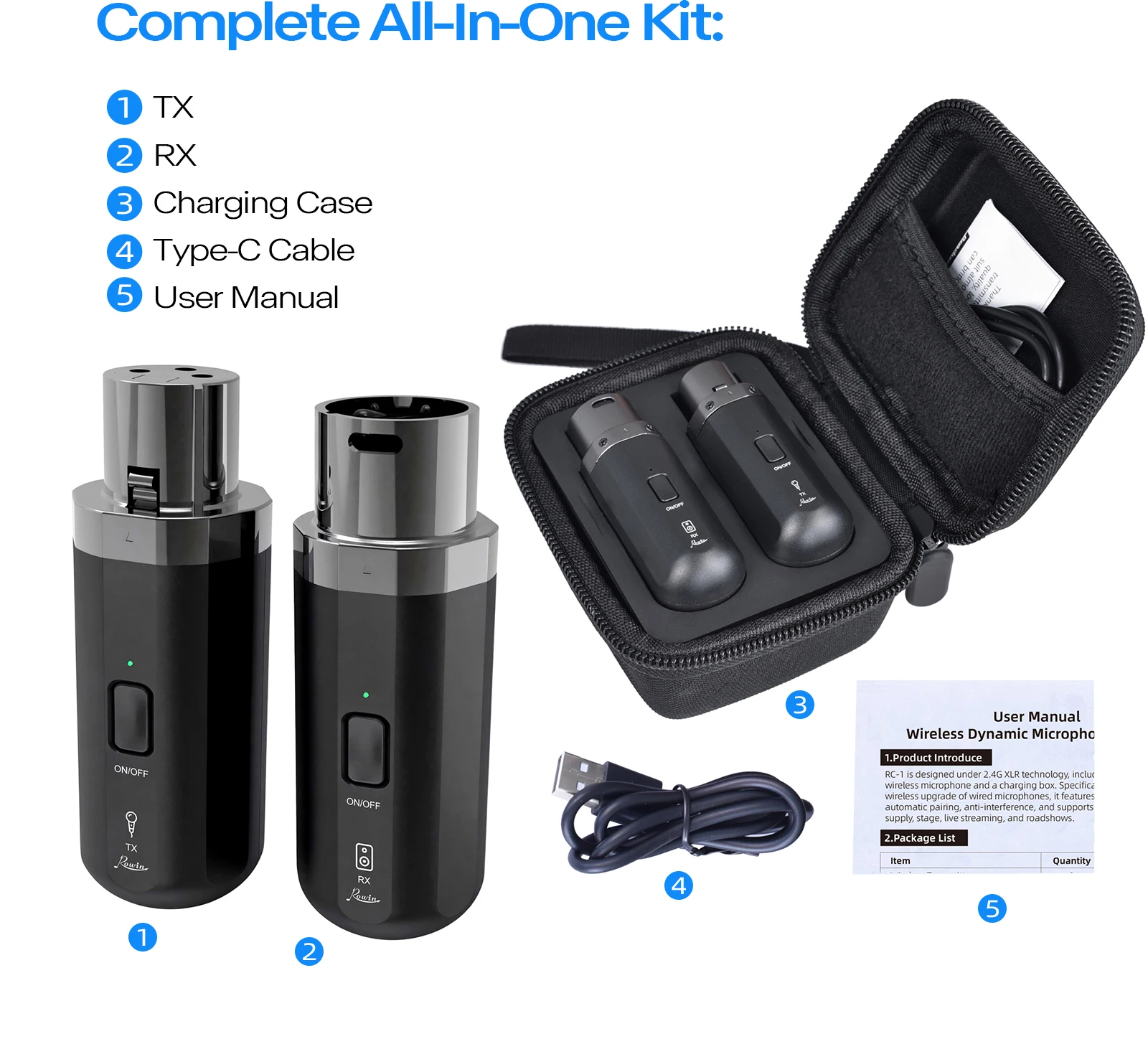 Rowin Professional Microphone Wireless Converter XLR Magnetic Charging Box Transmitter Receiver for Dynamic/Condenser Microphone