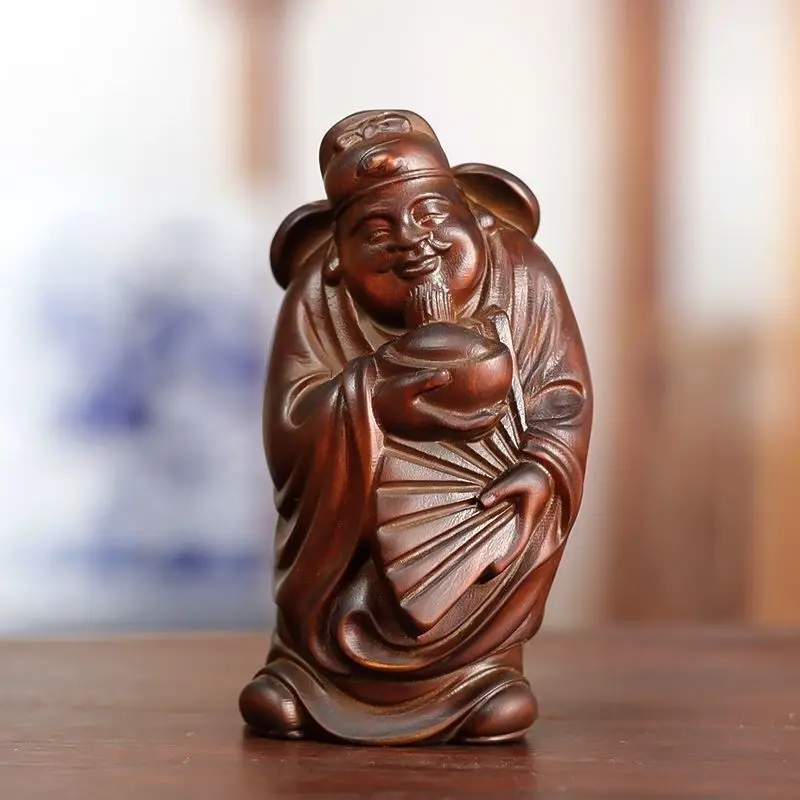 Hand Carved Wood Little god of wealth Statue Figurine Desktop Ornaments Home Decoration Crafts Tea Pet Decor