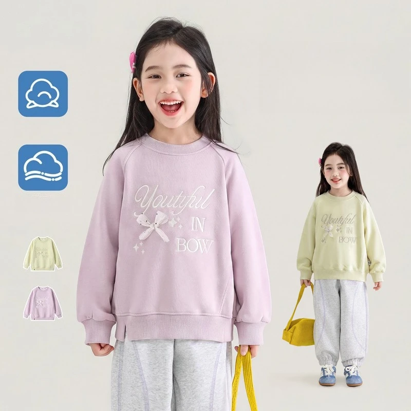 2026 Fall New Girls Korean Bow Knot Embroidered Letter Sweatshirt Sweet Top Little Girl Stylish Nice Design