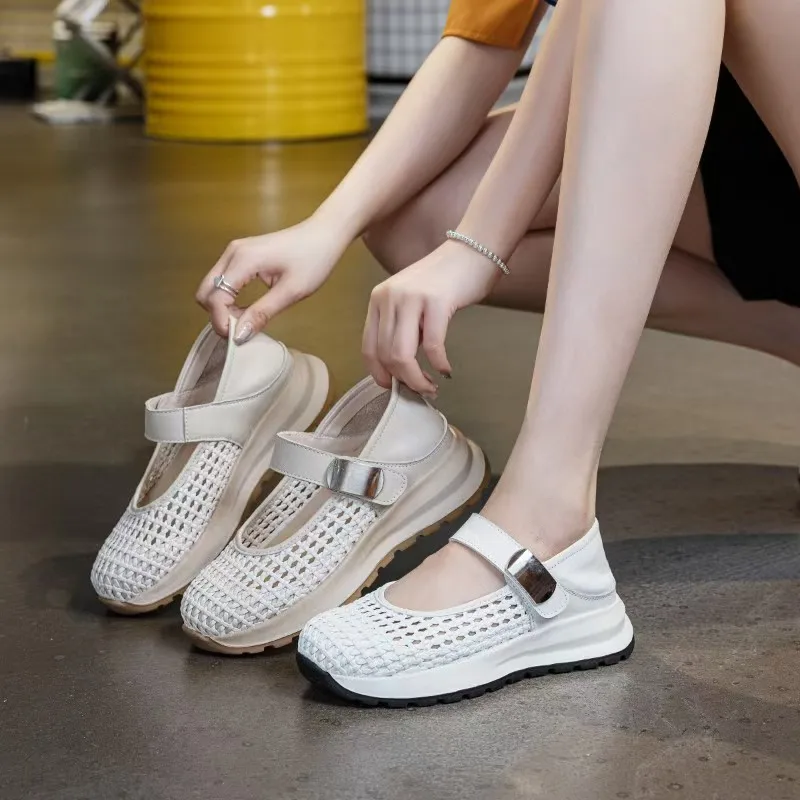 

Новые женские летние сандалии из мягкой белой кожи, 3,5 см, на танкетке с плетеным верхом и толстой подошвой, повседневная обувь для женщин