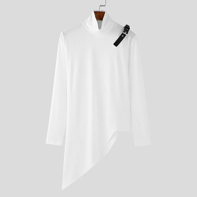 Mens Turtleneck Ribbed Long Sleeve Top Irregular Slit Hem Slim Muscle Shirt Shoulder Buckle Strap Fashion Bodycon Blouse
