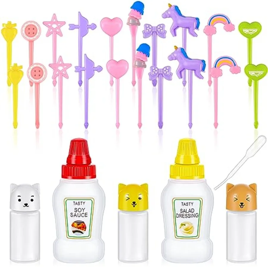 26 recipientes para salsa de soja tipo bento, 5 mini botellas exprimibles para condimentos con gotero y 20 palillos de comida con forma de animales para el almuerzo