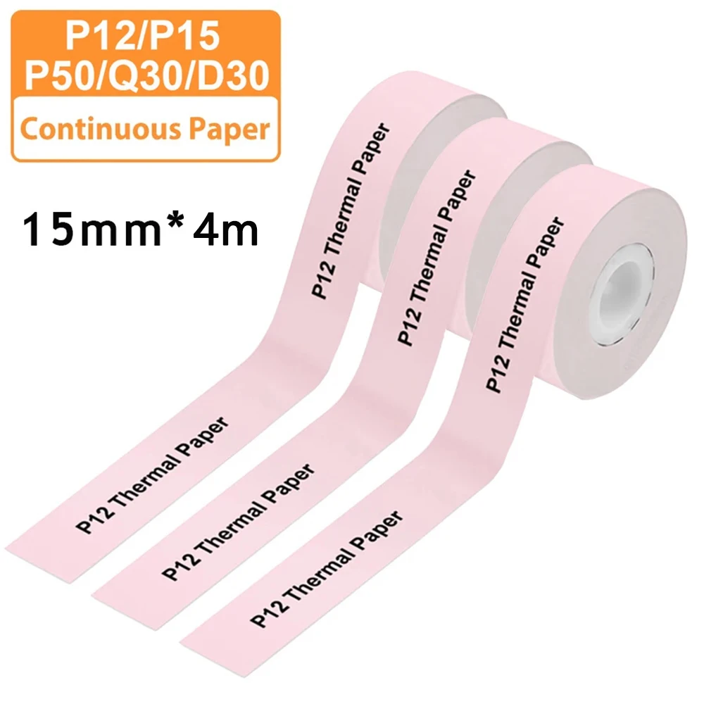 Papier d'étiquettes continu 15mm x 4m, 3 pièces, adapté à l'imprimante P12 P15 Phomemo D30 Q30, autocollant thermique auto-adhésif étanche