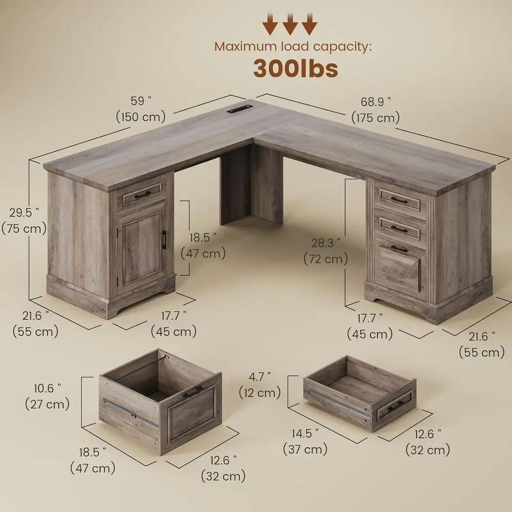 Farmhouse Executive L Shaped Desk, Home Office Desk with File Drawer and Power Outlet, Computer Corner Desk with Drawers