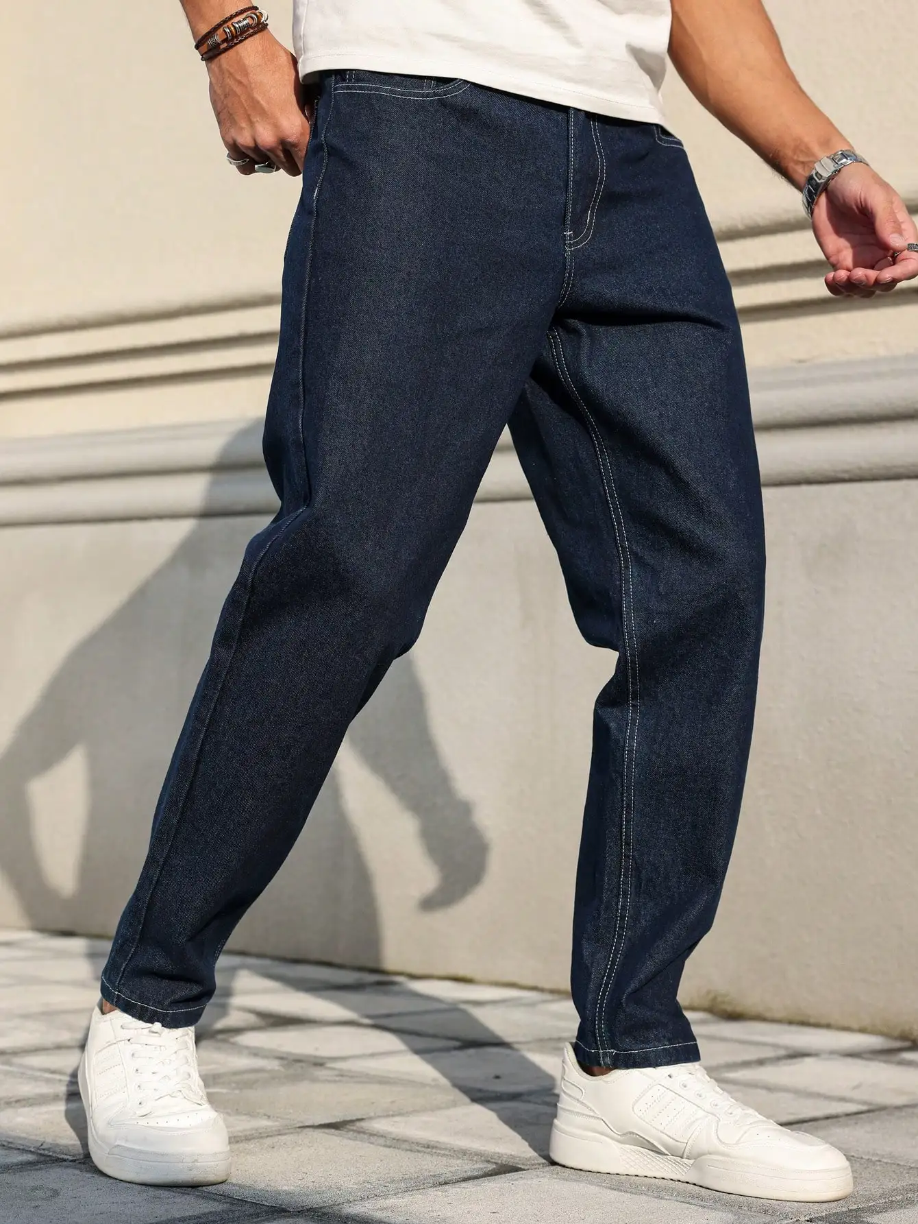 Men Raw Dark Blue Denim Jeans Contrast Stitching Loose Tapered Pants Vintage Non‑wash Straight Taper Trousers Streetwear