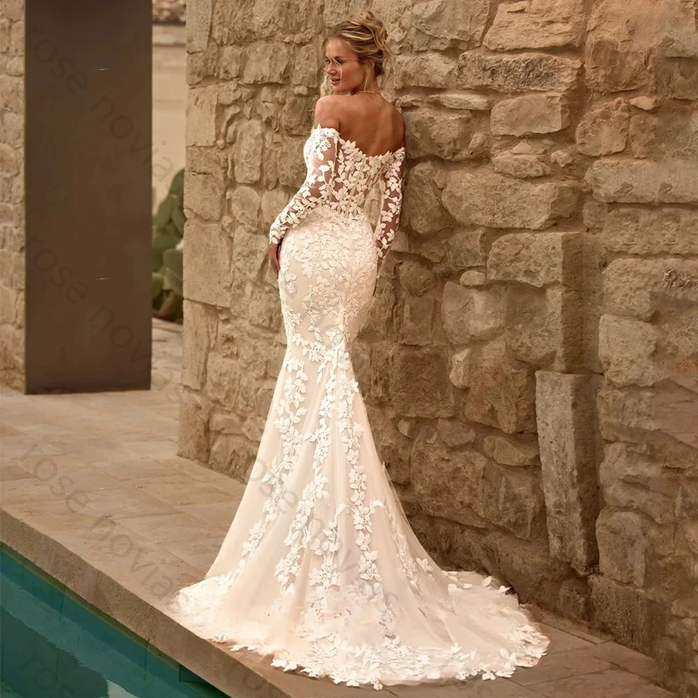 Robe De mariée sirène De haute qualité, personnalisée, col en V, manches longues, dentelle appliquée, fermeture éclair, traîne De balayage