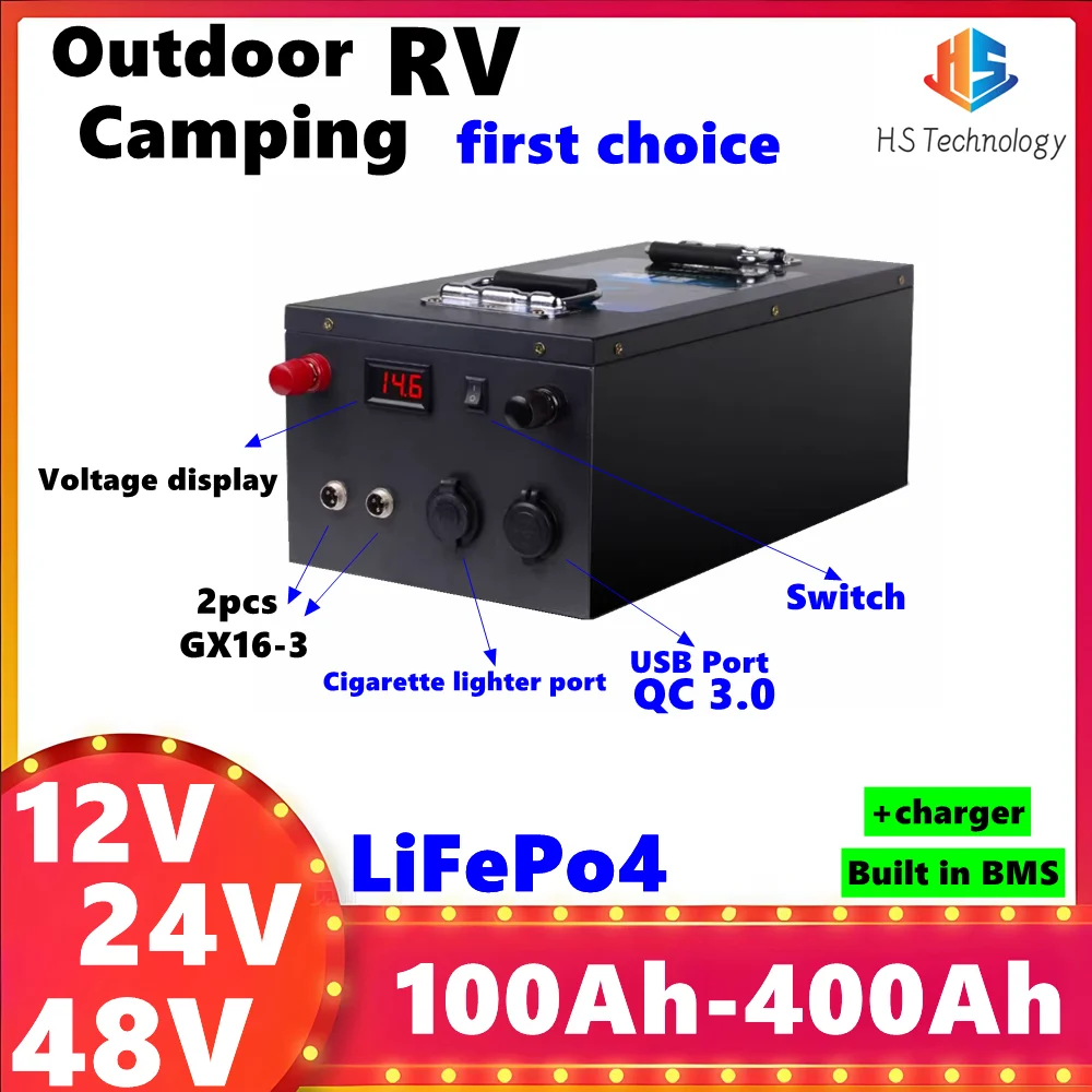 

HS 12V 24V 48V 100Ah 200Ah 300Ah 400Ah Lifepo4 deep cycle Battery For Solar Inverter RV,Outdoor BackUp Portable Power,Camping