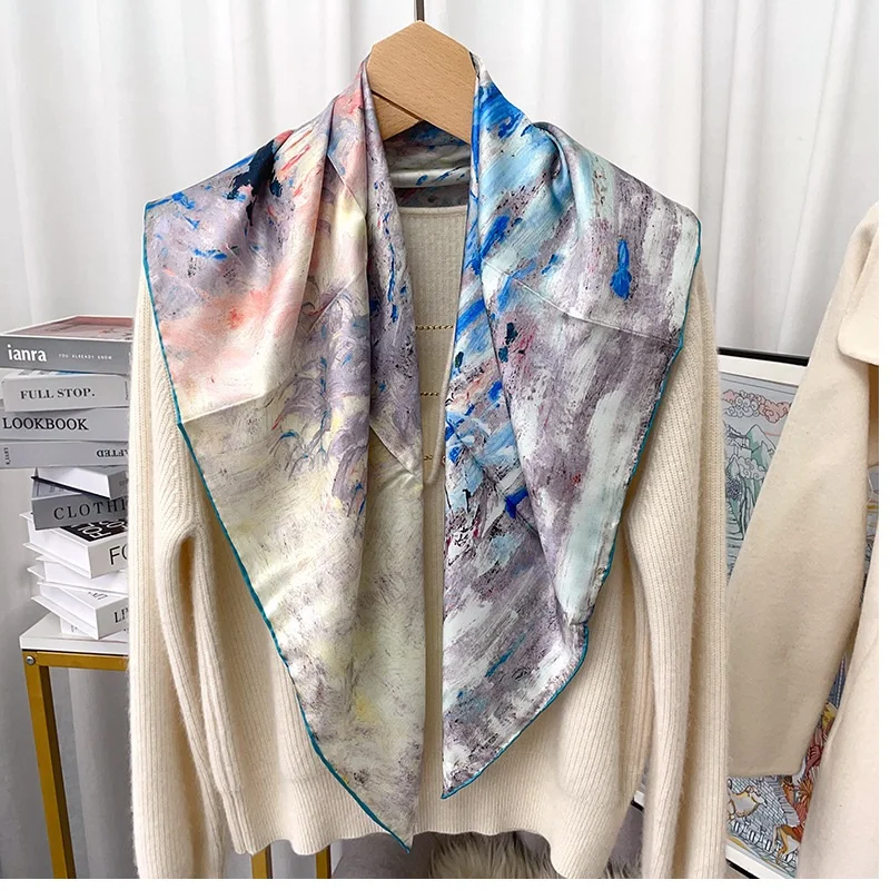 90 Silk Scarf 100% Natural Silk Scarf Neckerchief Oil Painting Type Womens Fashion Real Silk Shawl Echarpe 35