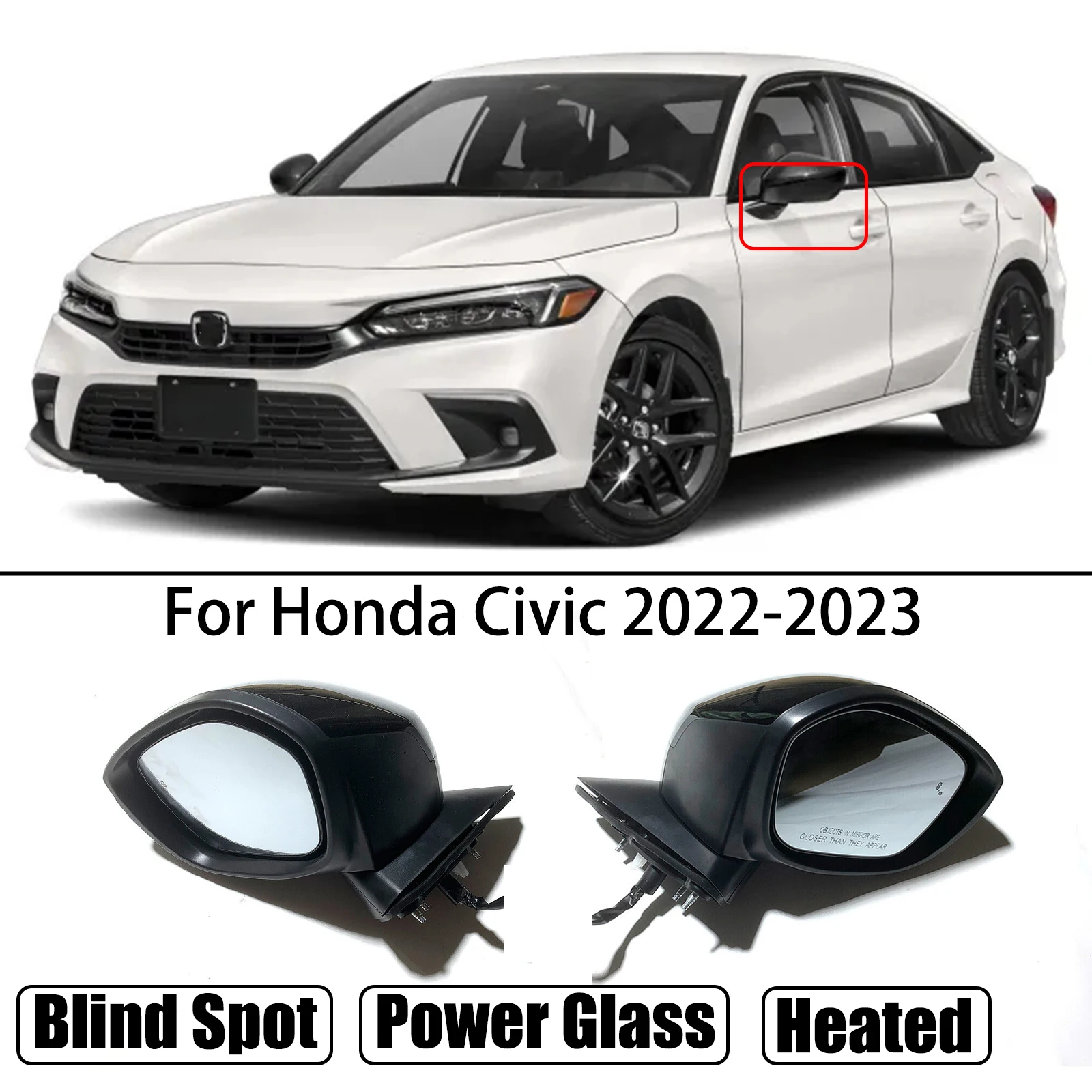 

For Honda Civic 2022-2023 Car Rearview Mirror Assembly with Blind Spot Heated Electric 7 Line Glossy Black Without Turn Light