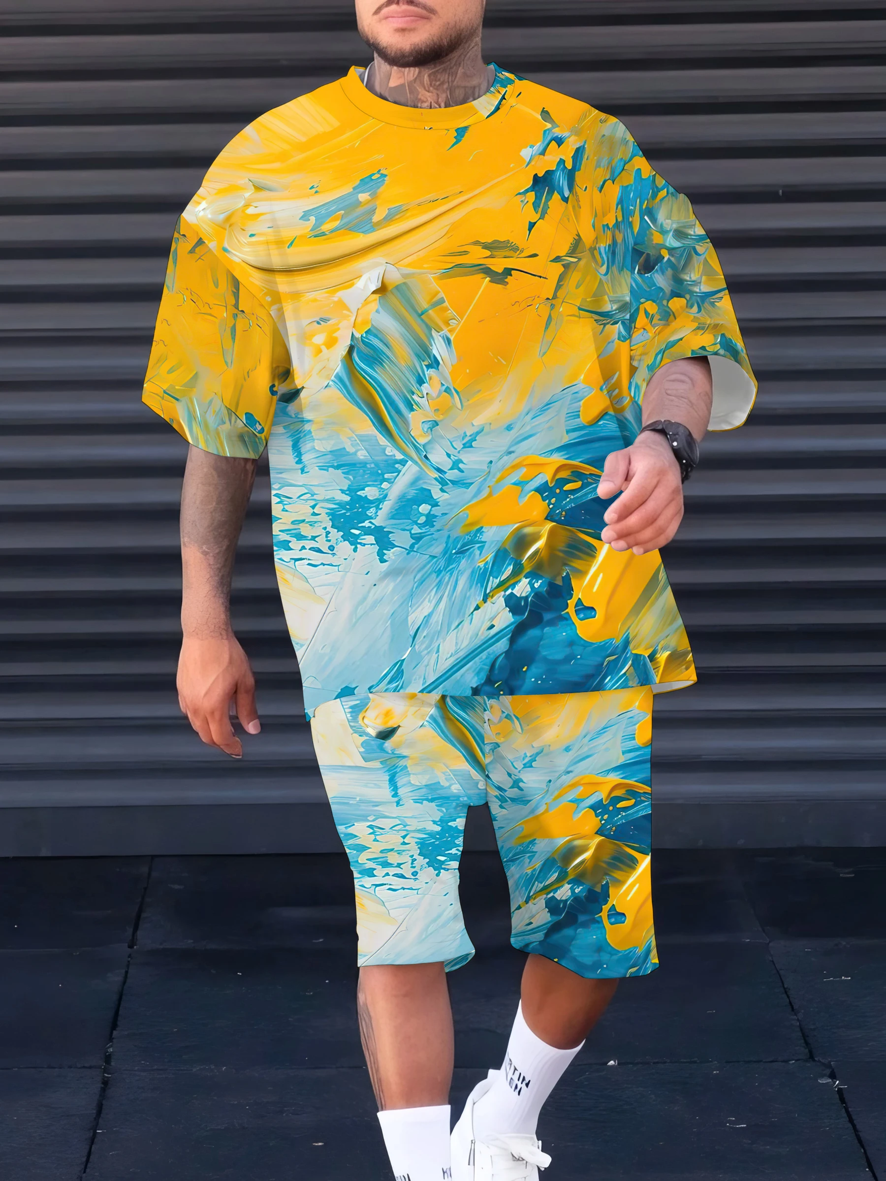 

The 2025 summer new men's set features 3D printed patterns for casual and fashionable outdoor men's wear