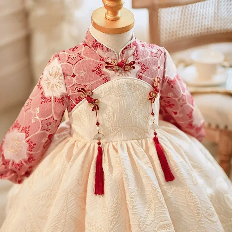 Girl Children's Princess Dresses Traditional Chinese Style of Dress Long Sleeves Clothing Stand Collar Party Kids Vestidos