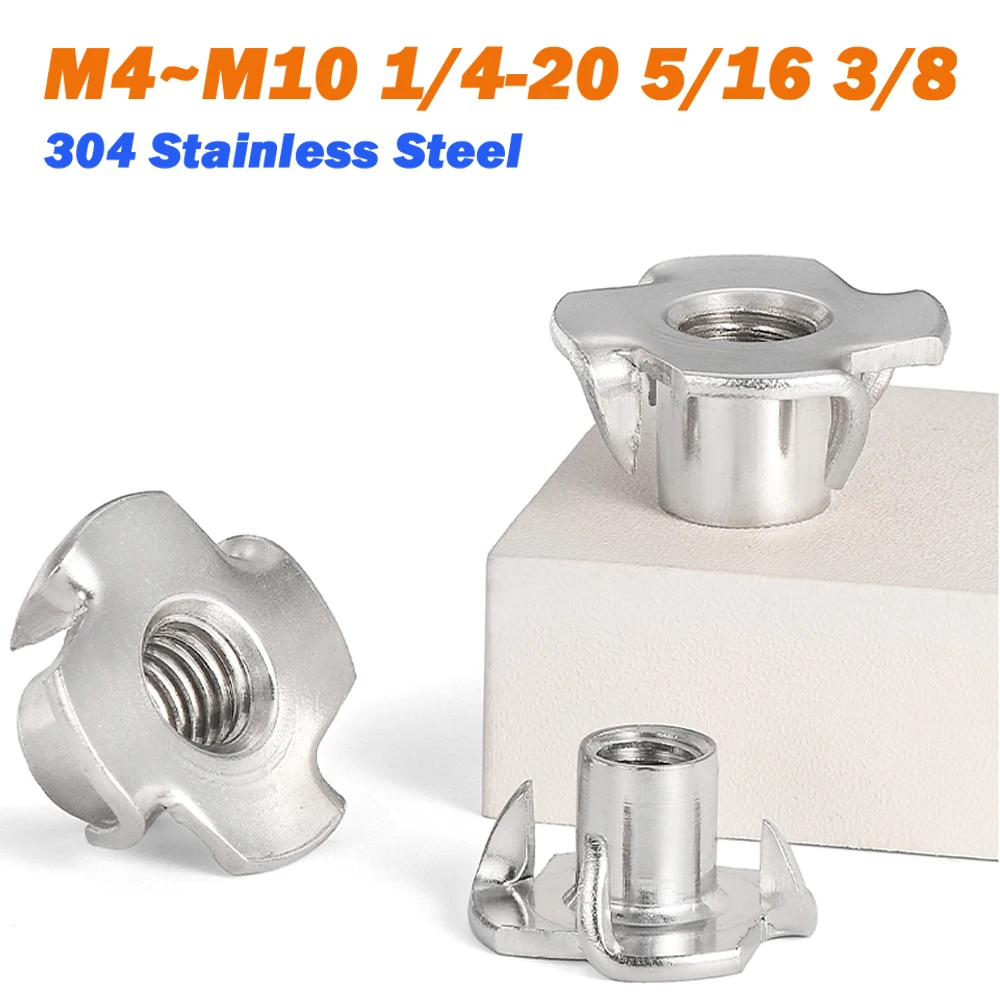Four Claws Nut M4 M5 M6 M8 M10 1/4-20 5/16 3/8 304 Stainless Steel T-nut Blind Pronged Insert T-Nut for Wood Furniture Hardware