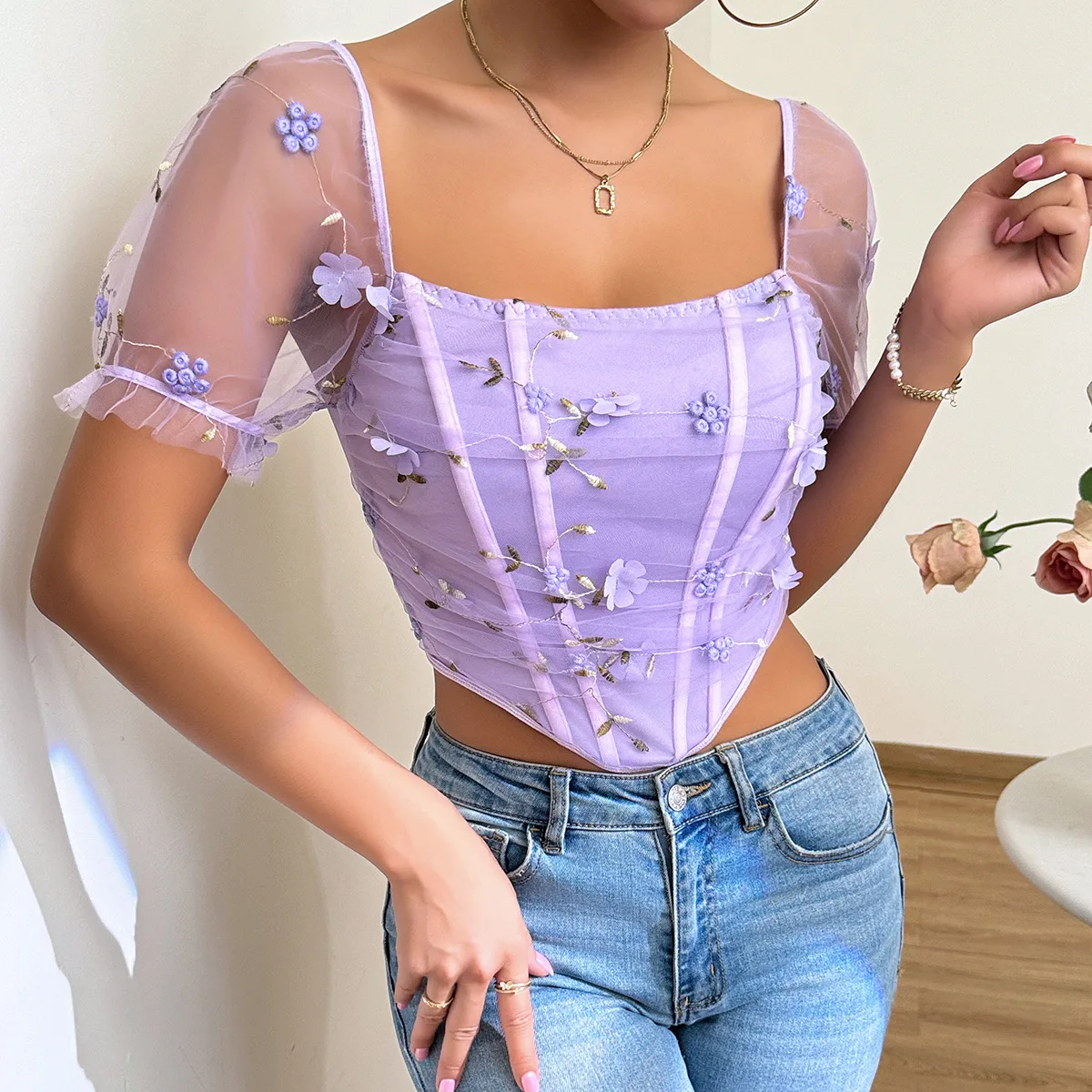 

Sexy Embroidered Double Layer Fibone Slim Fit Vest Netting 6087 Cross Border Independent Station Women's Summer Faion Top