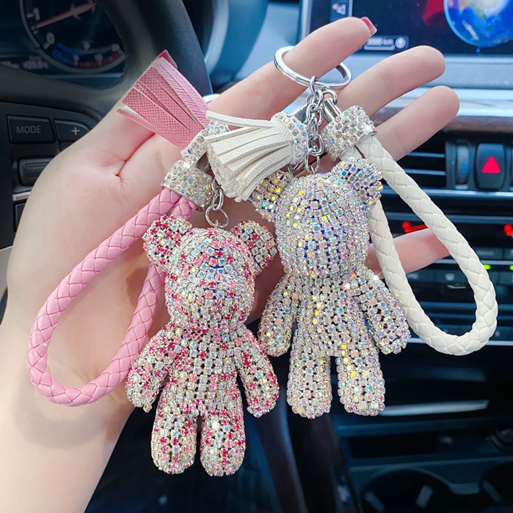 Rhinestone Cute Bear Key Chain Tassels Keychain Anti-lost Pendant Holiday Car Key Ring Chain Holder Keyfob Jewelry For Girl Gift