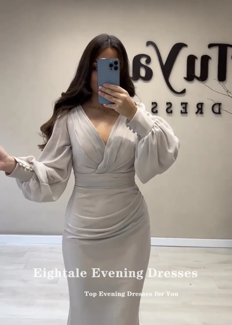 Eightale Arabic Evening Dress Long Puffy Sleeves Chiffon Mermaid V Neck Pleats Celebrity Prom Gown Party Dress Sukienki Wizytowe