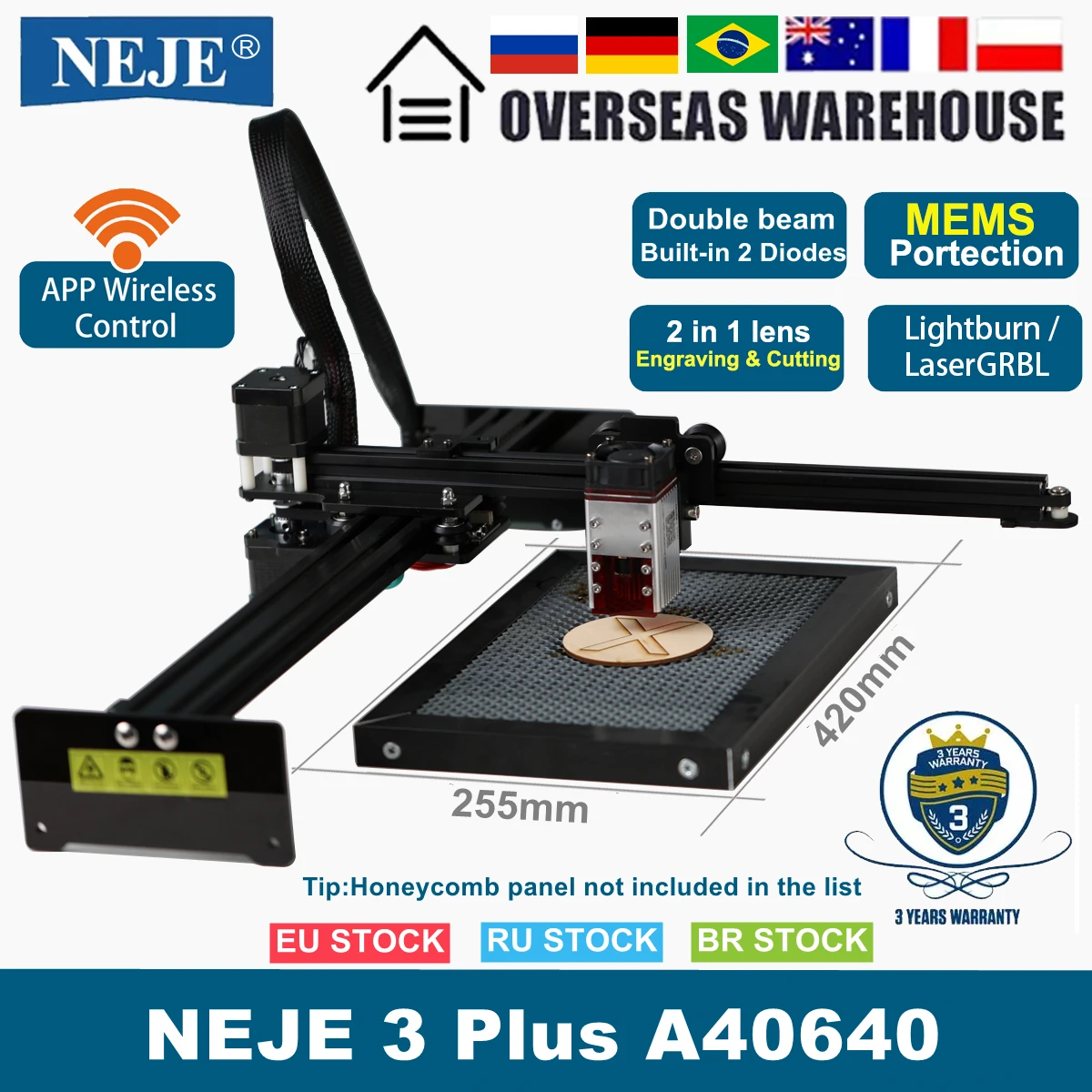 NEJE 3 Plus A40640 /A40630/N40630 Wireless CNC Laser Carver Wood Cutter Stainless Steel Engraver Metal Printer APP Control