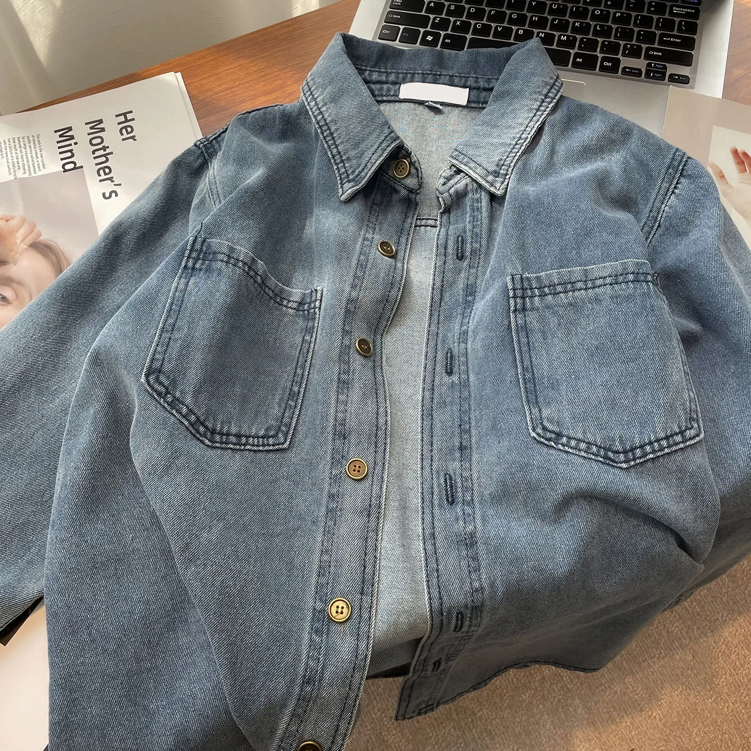 Retro Turn Down Collar Blue Denim Shirt Spring Autumn Long Sleeve Single Breasted Loose Women Blouse Female Versatile Tops