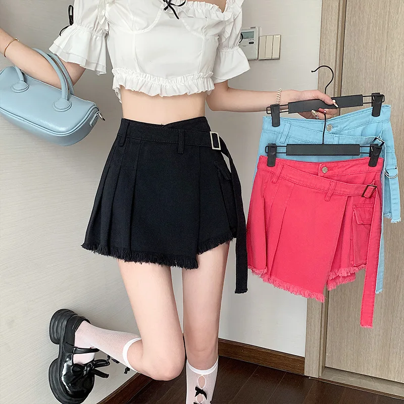 

Oversized Color Denim Pantskirt Women Summer High Waist Raw Edge Thin Irregular Skirts Fashion False Two-Piece Slim Mini Skirt