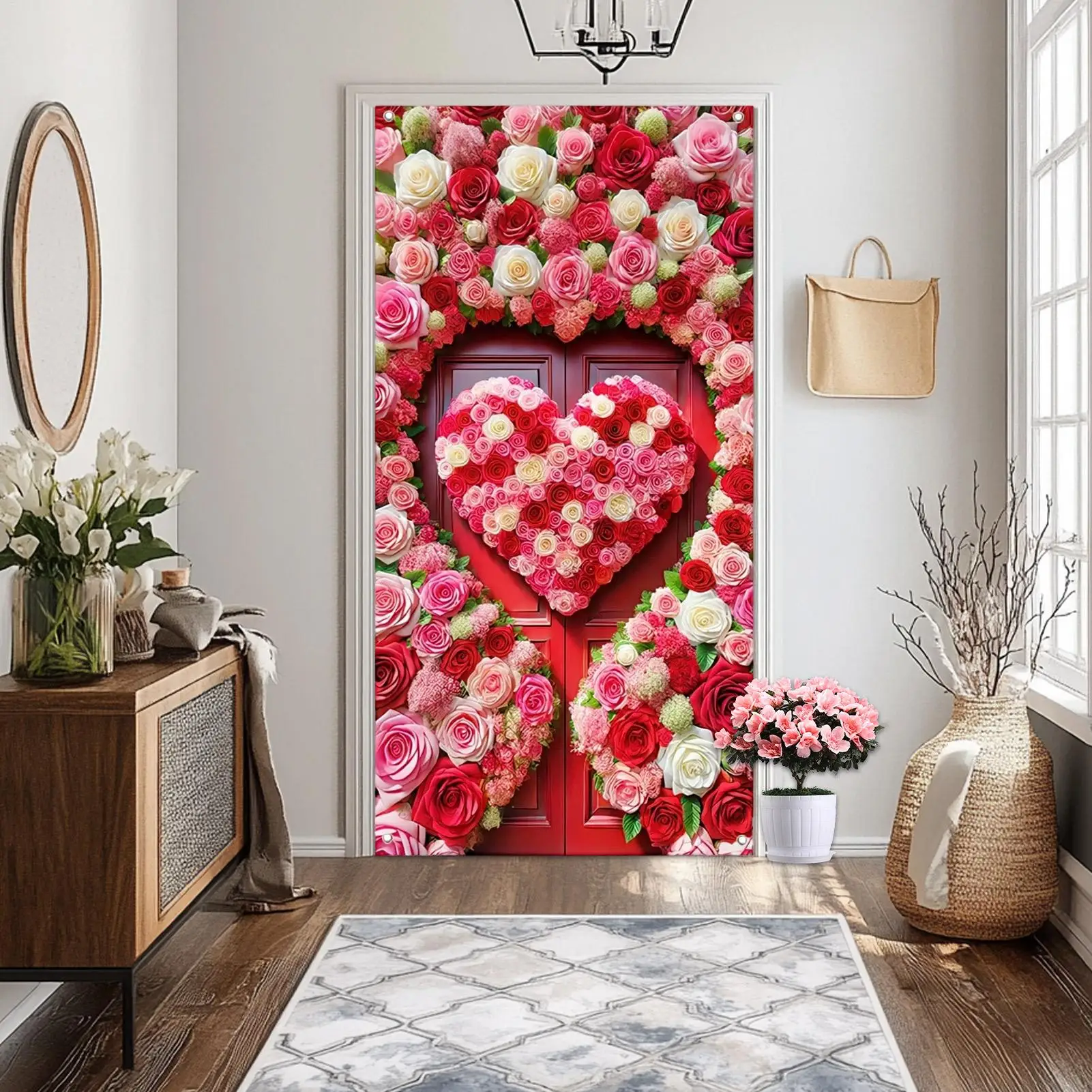 

Valentine Door Cover Heart Rose Pattern Backdrop 35.4x70.8inch Valentine Day Door Cover For Indoor Outdoor Garage Porch