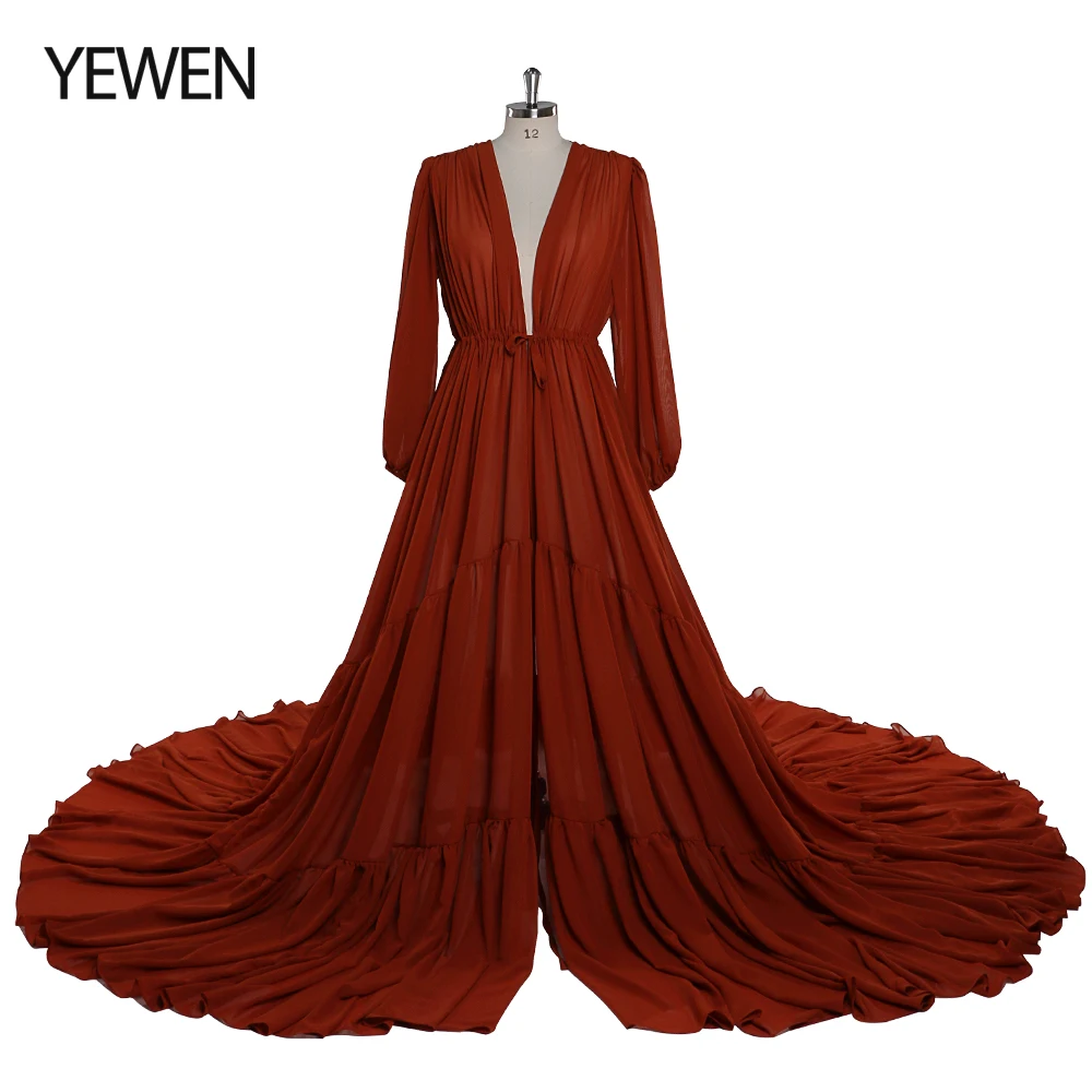 Chiffon Elastic Cuffs Long Sleeves Dress fpr Photoshoot Gown for Pregnancy Shoot Photograhy Props Open Front YEWEN YW220217-1