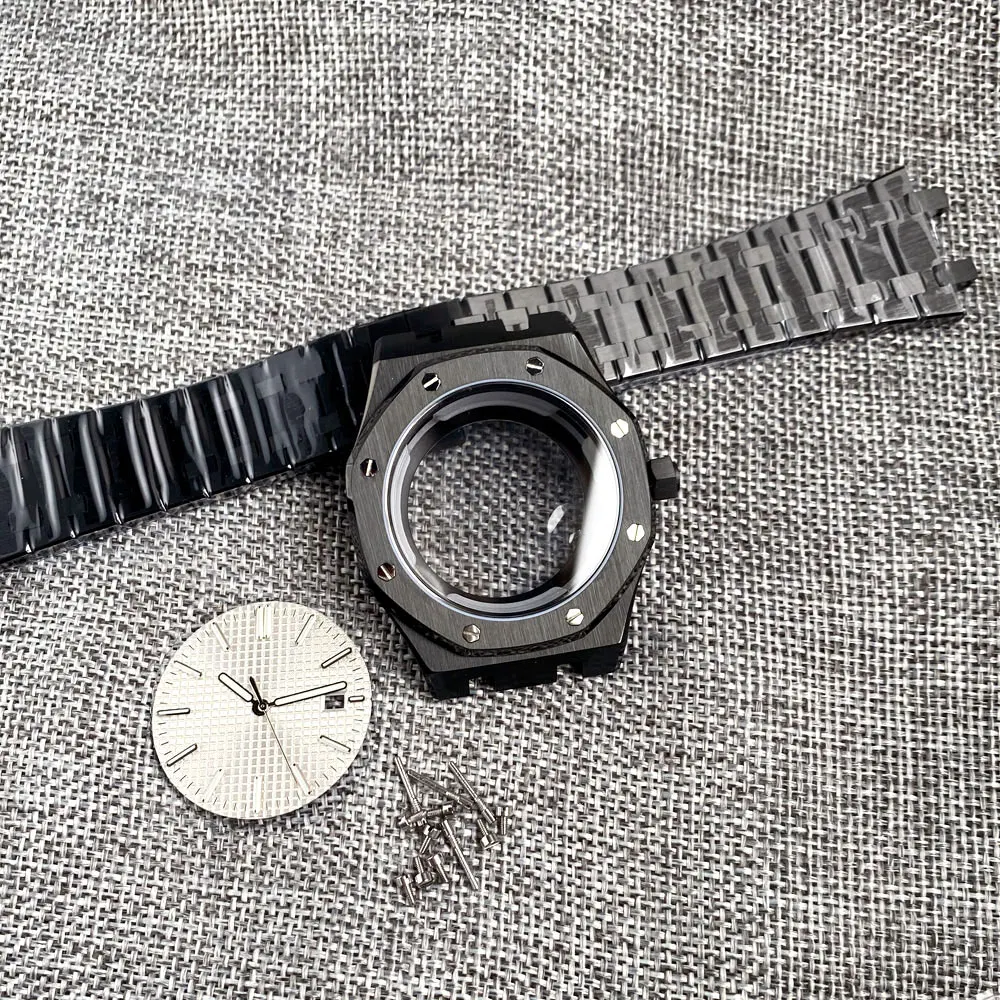 Schwarze Eiche pp Achteck Uhrengehäuse 42mm für nh34 nh35 nh36 nh37 nh38 nh39 nh70 nh72 Saphirglas Zifferblatt Handset für Uhr mod