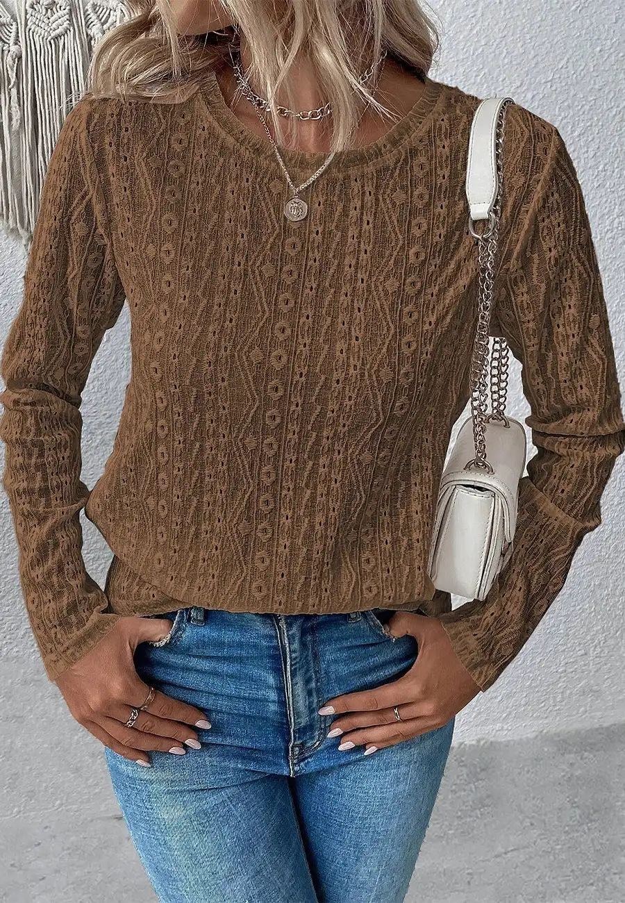 Round Neck Eyelet Detail Sweater Long Sleeved Fashion Fall Pullover Top Solid Color Trendy Chic Lady Clothes