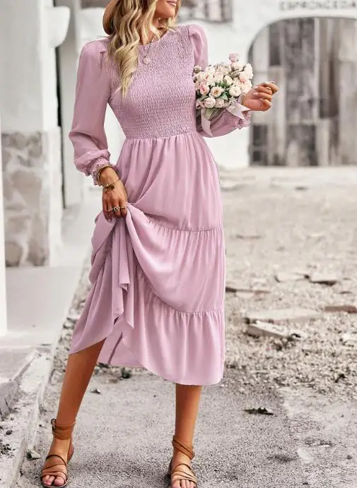 

Women's Leisure Vacation Long Dress with Long Sleeves And Waist Tie Autumn Winter 2025 Fashion Skirt Dress