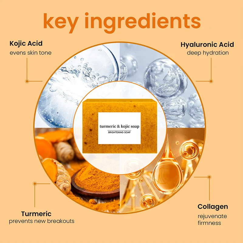 100g Turmeric Hand Made Soap, Lemon Kojic Acid Soap, Shower and Facial 3 Colors Glutathione Skin Lightening Brightening Face