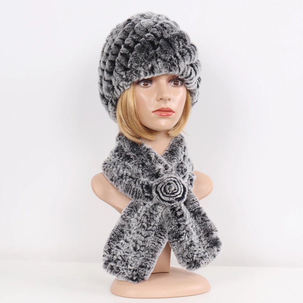2025 neue Frauen Echtpelz Hut Schal Sets Winter Warme Gestrickte Rex Kaninchen Fell Mützen Hüte Schals Weibliche 100% natürliche Pelzmütze Schal