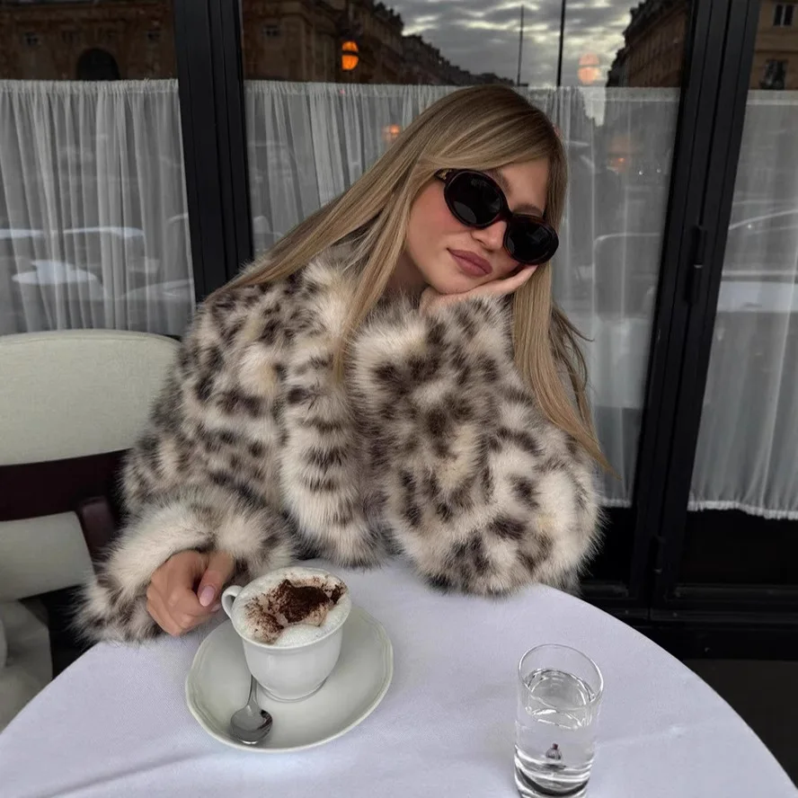 Mantel Bulu Imitasi Wanita Mantel Kasual Kerah Lipat Lengan Panjang Motif Leopard Jahitan Terbuka Jaket Tebal Hangat Pakaian Jalanan Musim Dingin